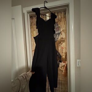Fringe detail, black flared jumpsuit